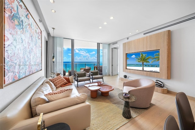 living room with a wall of windows and light hardwood / wood-style flooring