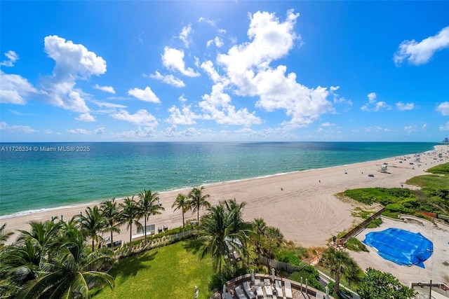 view of water feature with a beach view