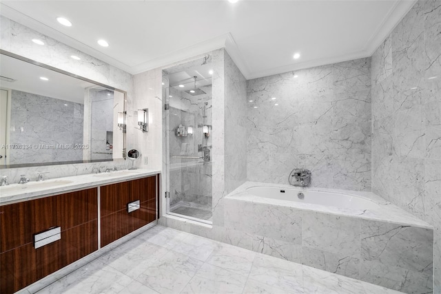 bathroom with vanity, tile walls, crown molding, and plus walk in shower