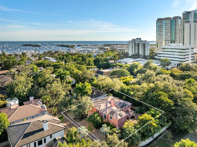 aerial view featuring a water view