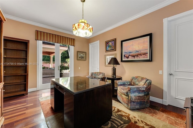 office space with dark hardwood / wood-style floors and ornamental molding