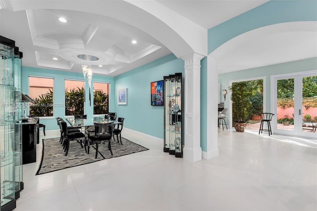 tiled dining space with french doors, beamed ceiling, crown molding, and coffered ceiling