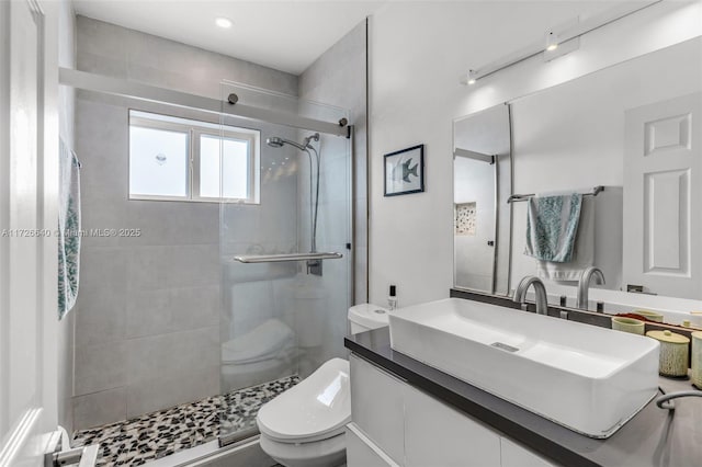 bathroom with vanity, toilet, and a shower with door