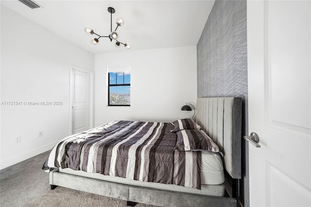 bedroom featuring a notable chandelier, carpet floors, and radiator