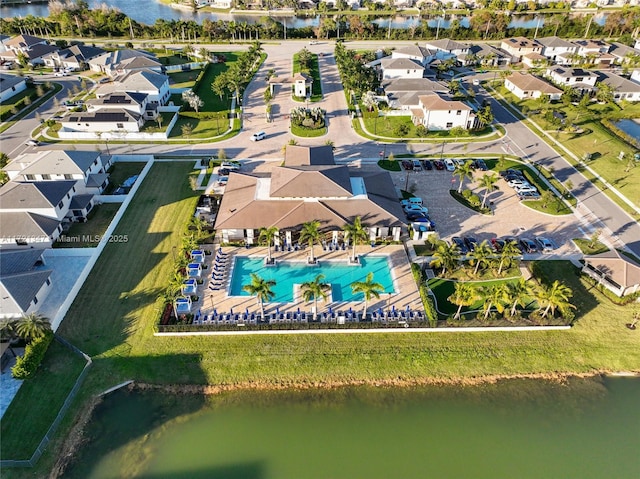 drone / aerial view featuring a water view