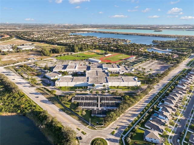 bird's eye view with a water view