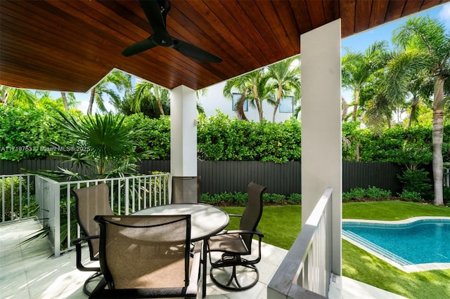 view of patio / terrace featuring ceiling fan and a fenced in pool