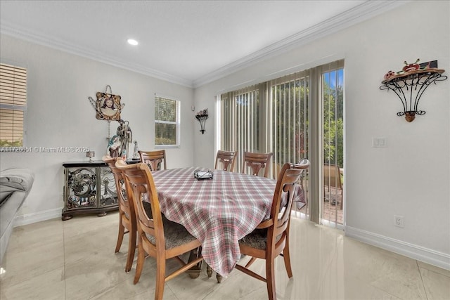 dining area featuring light tile patterned floors and crown molding