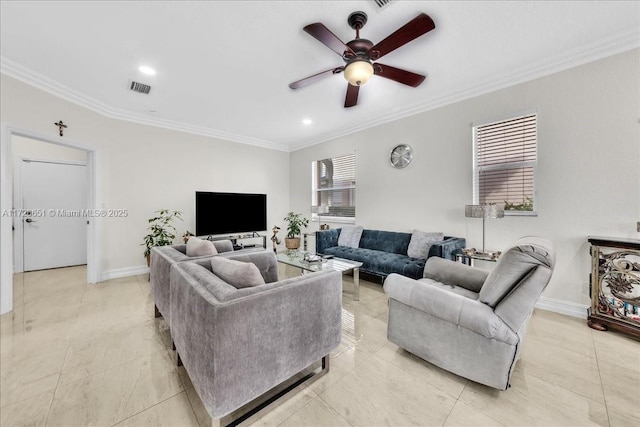 tiled living room with ceiling fan and crown molding