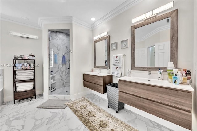 bathroom with a shower with door, vanity, and crown molding