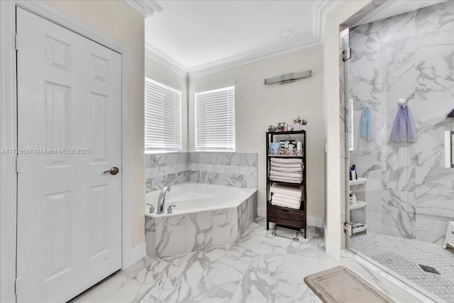 bathroom featuring crown molding and independent shower and bath