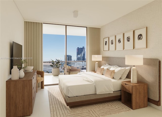 bedroom featuring a wall of windows and access to outside