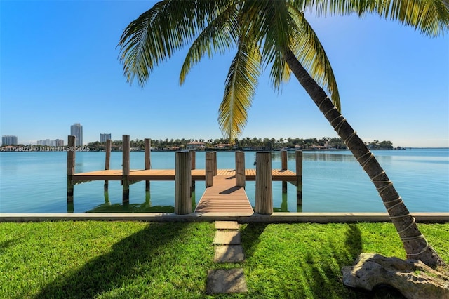 dock area featuring a yard and a water view