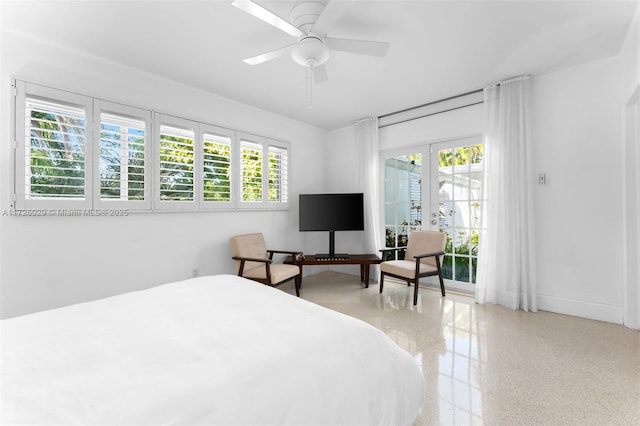 bedroom featuring french doors and ceiling fan