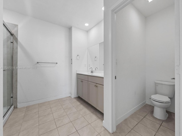 bathroom featuring tile patterned flooring, vanity, a shower with door, and toilet