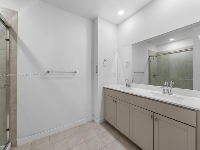 bathroom featuring tile patterned flooring, vanity, and walk in shower