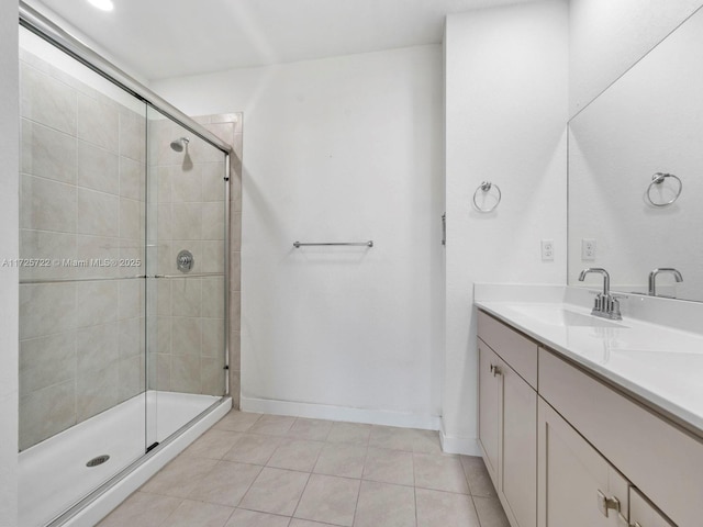 bathroom with tile patterned flooring, vanity, and a shower with shower door