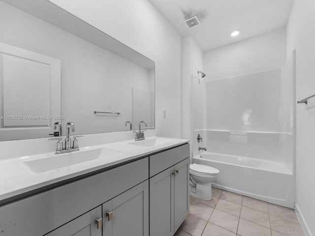 full bathroom featuring tile patterned floors, toilet, shower / bath combination, and vanity