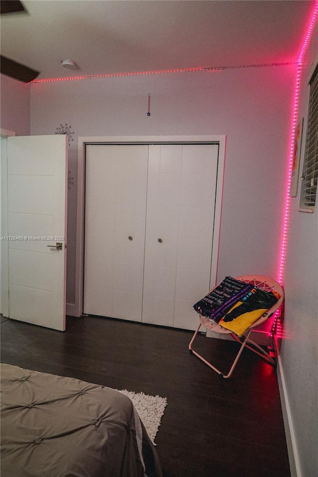 bedroom with dark wood-type flooring and a closet