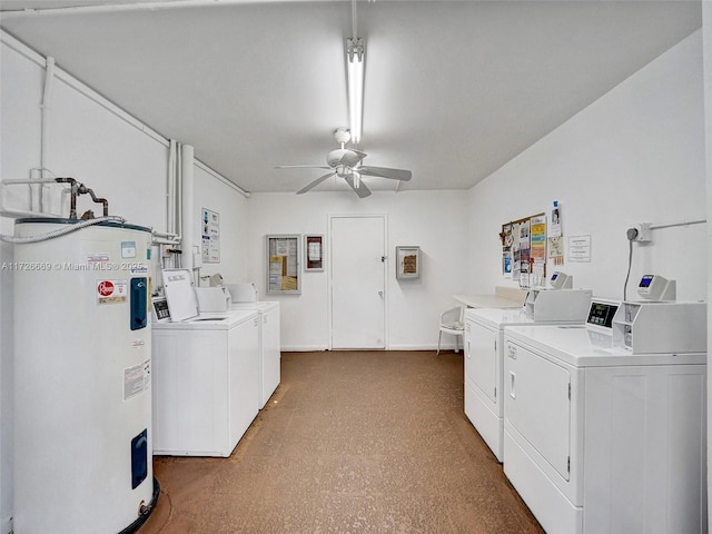 laundry area with water heater, ceiling fan, and independent washer and dryer