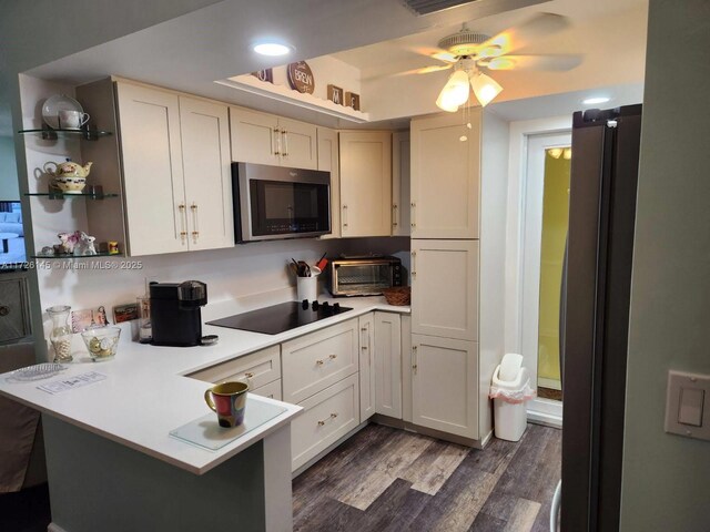 kitchen with kitchen peninsula, stainless steel appliances, a raised ceiling, dark hardwood / wood-style flooring, and ceiling fan