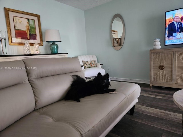 living area with baseboards and wood finished floors