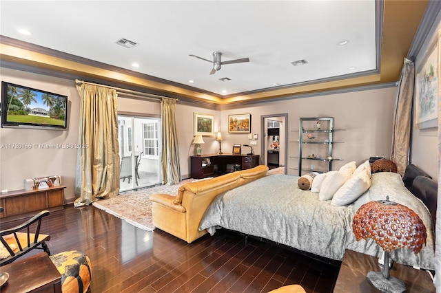 bedroom with access to outside, a raised ceiling, ceiling fan, dark hardwood / wood-style flooring, and ornamental molding