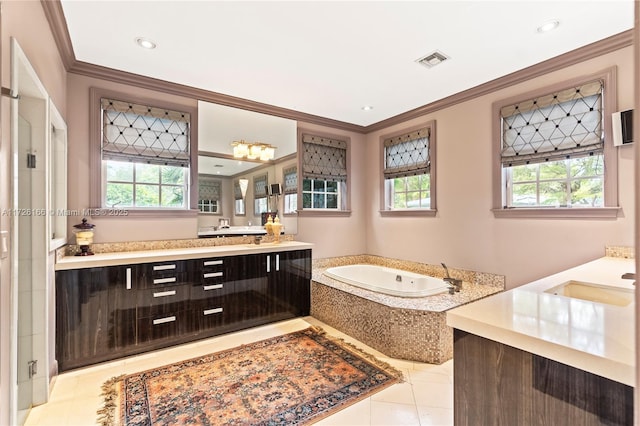 bathroom featuring vanity, tile patterned flooring, ornamental molding, and a relaxing tiled tub