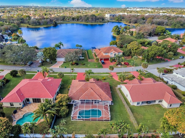 aerial view featuring a water view