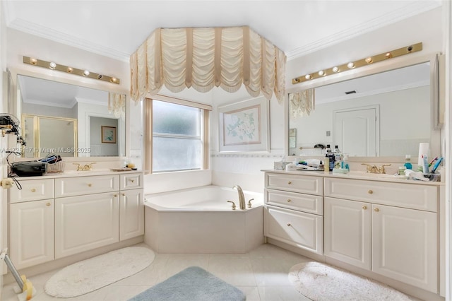 bathroom featuring vanity, tile patterned flooring, ornamental molding, and separate shower and tub