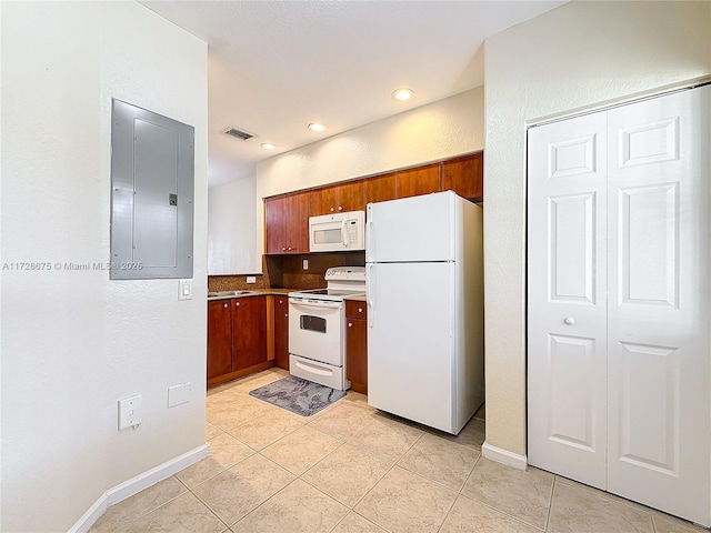 kitchen with white appliances, electric panel, and light tile patterned floors