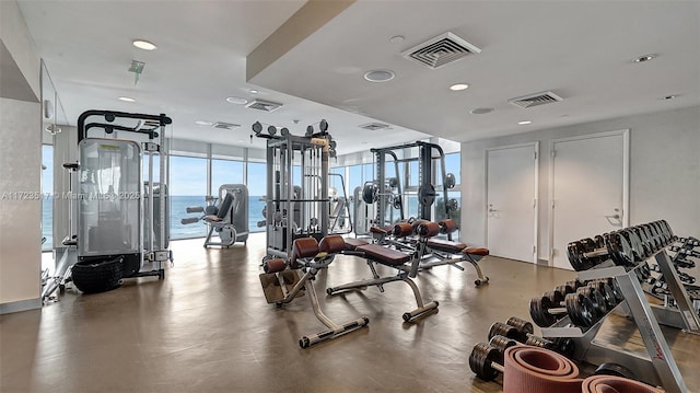 workout area featuring expansive windows and a water view