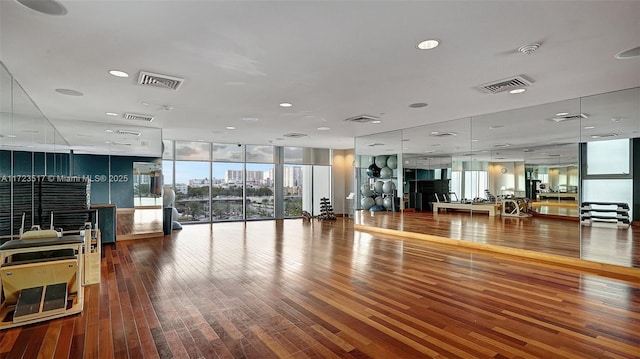 workout room with floor to ceiling windows and wood-type flooring