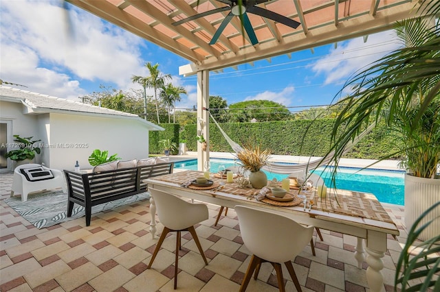 view of patio with an outdoor bar, a fenced in pool, an outdoor living space, and a pergola