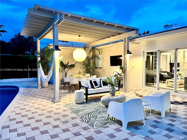 view of patio with an outdoor hangout area and a pergola