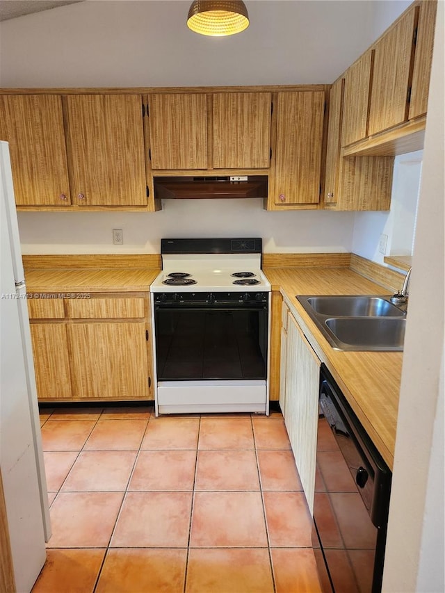 kitchen featuring dishwasher, light tile patterned floors, white refrigerator, range with electric stovetop, and sink