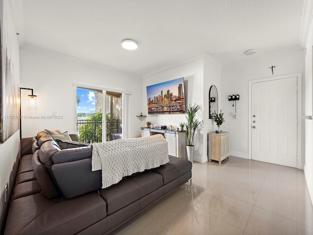 living room with ornamental molding