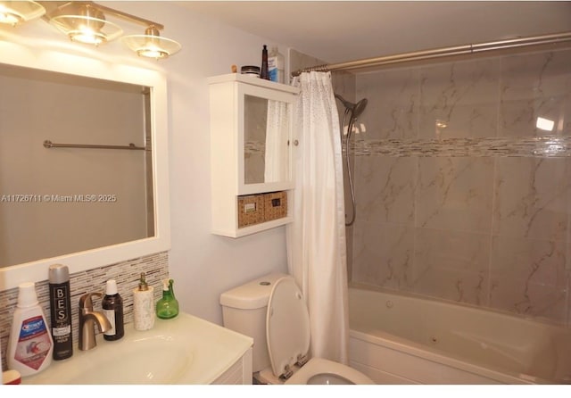 full bathroom with toilet, shower / bath combination with curtain, and vanity