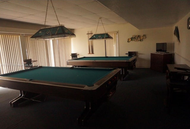 game room with pool table, carpet flooring, and a drop ceiling