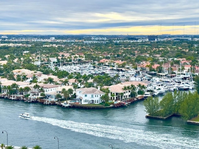 aerial view at dusk with a water view