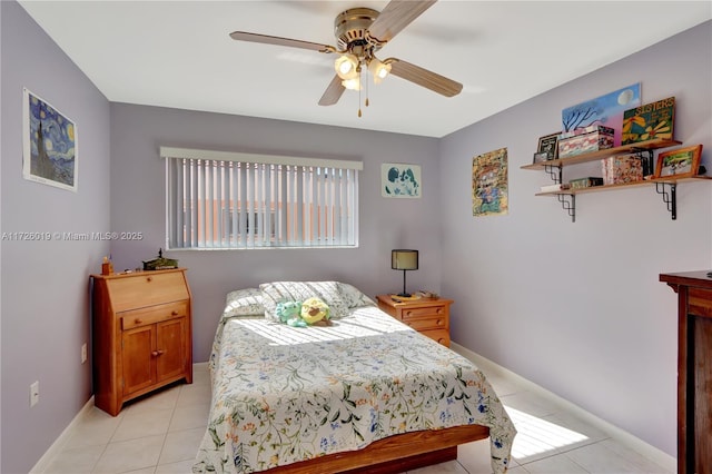 bedroom with ceiling fan and light tile patterned flooring