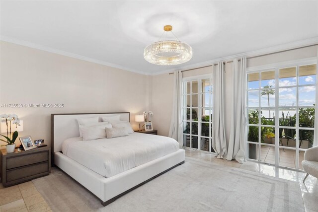 bedroom featuring tile patterned flooring, a chandelier, and ornamental molding