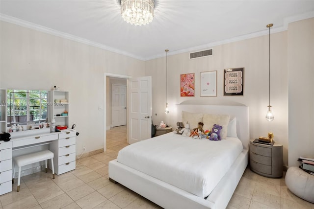 tiled bedroom with an inviting chandelier, connected bathroom, and ornamental molding