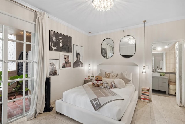 bedroom featuring a chandelier and ornamental molding