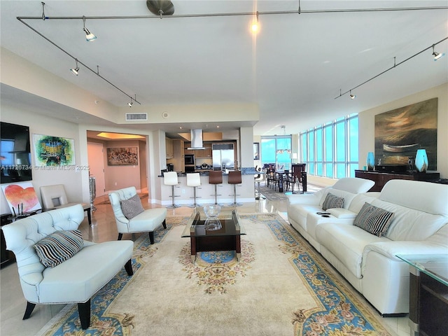 living room featuring rail lighting and expansive windows