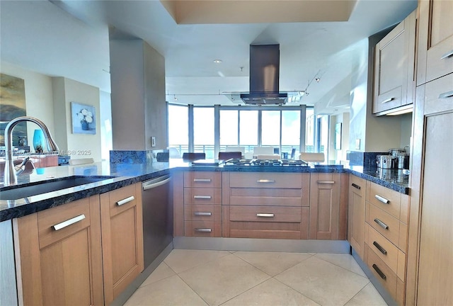 3535 S Ocean Dr Unit 2805, Hollywood, FL 33019 - kitchen with a sink, a peninsula, stainless steel appliances, light tile patterned flooring, and island exhaust hood