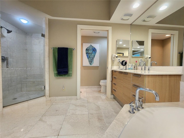 3535 S Ocean Dr Unit 2805, Hollywood, FL 33019 - bathroom featuring toilet, a shower stall, vanity, baseboards, and recessed lighting