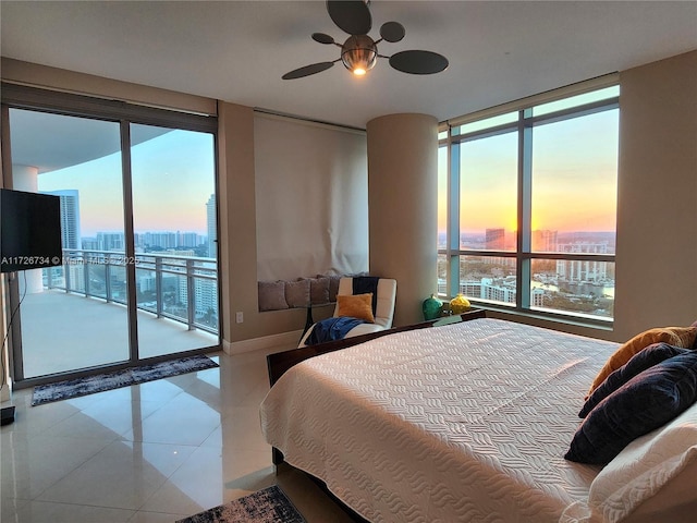 bedroom with access to outside, ceiling fan, and light tile patterned floors