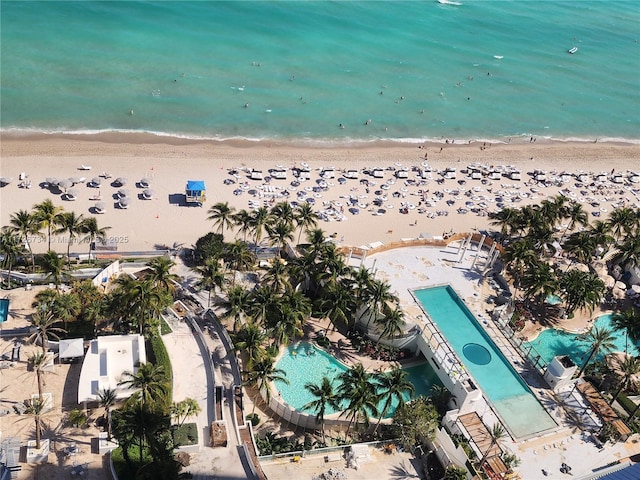 aerial view featuring a beach view and a water view