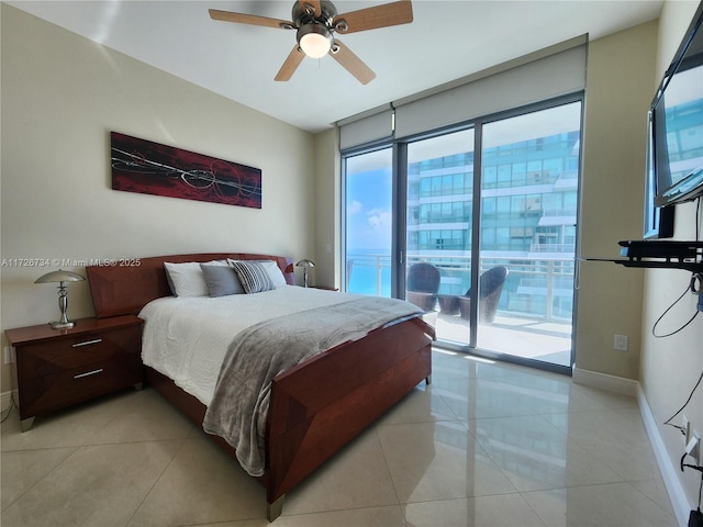 bedroom with access to exterior, ceiling fan, and light tile patterned floors